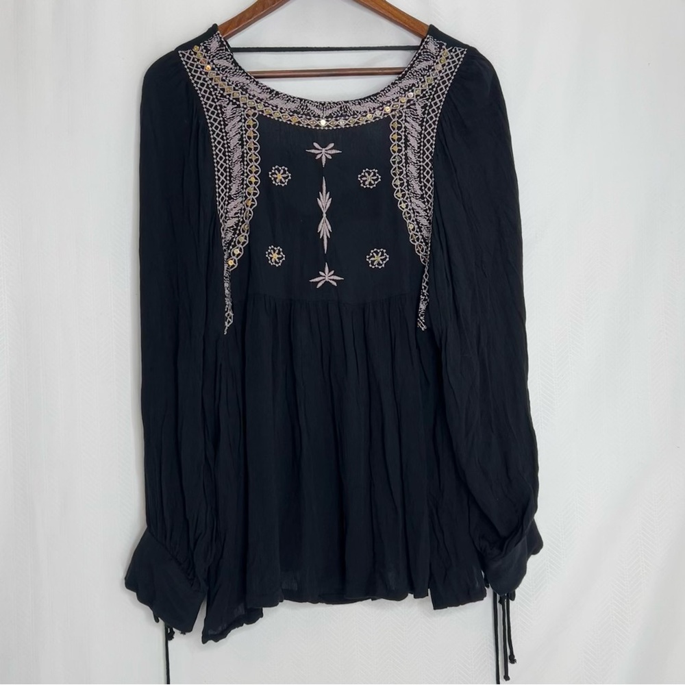 Anandas Black Boho Peasant Blouse Long Sleeve Siz… - image 1